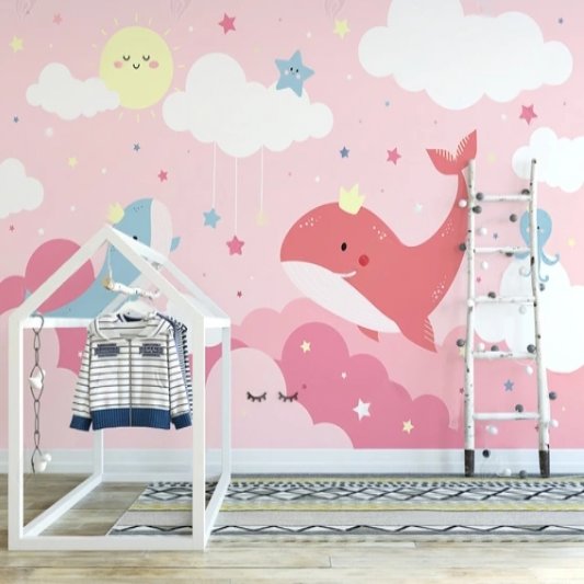 Papier Peint Fille Classique <br/> Baleine et Nuage Rose