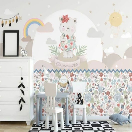 Papier Peint Fille Classique <br/> Ours et Fleurs