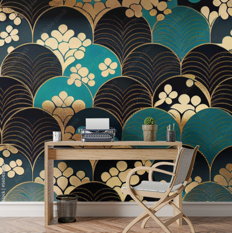 Papier Peint Art Deco Bleu Or | Le Petit Intissé
