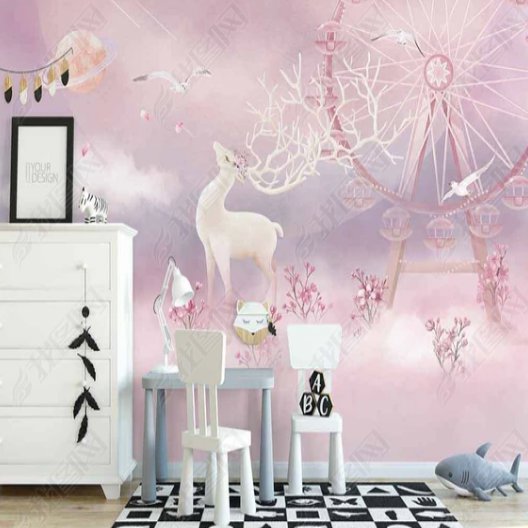 Papier Peint Fille Classique <br/> Thème Enfantin Cerf