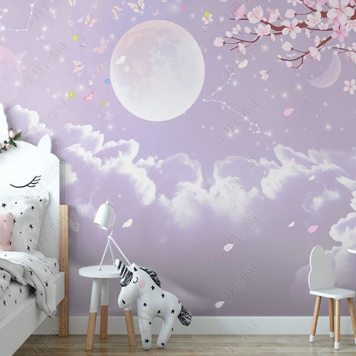 Papier Peint Nuage <br/> Lune Ronde et Fleur