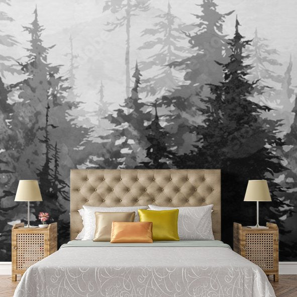Papier Peint Panoramique Foret Noir Et Blanc