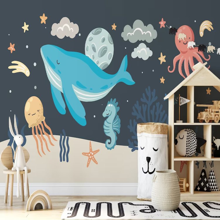 Papier Peint Marin <br/> Baleine Bleue et Copains
