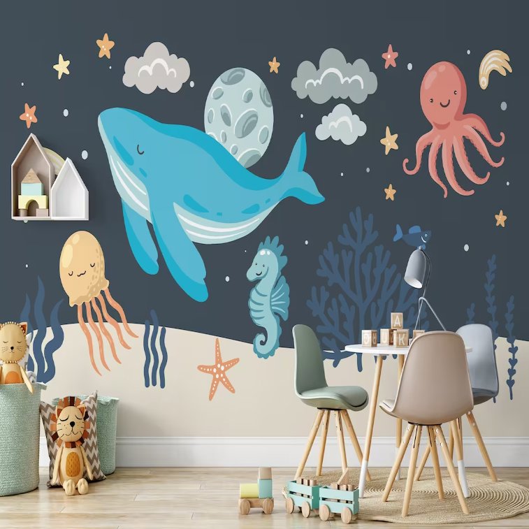 Papier Peint Marin <br/> Baleine Bleue et Copains