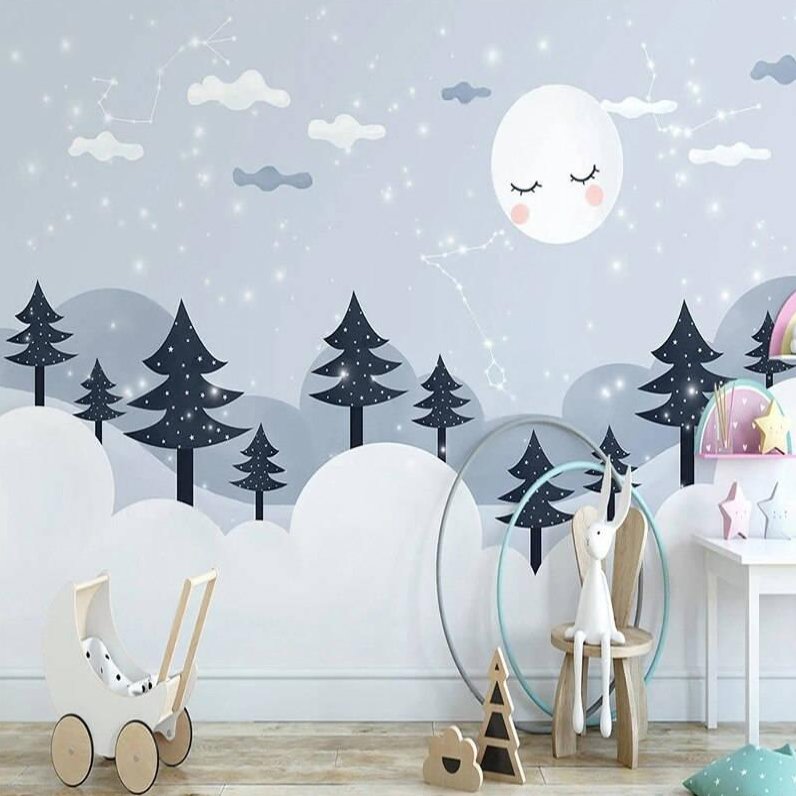 Papier Peint Bébé Classique <br/> Forêt Lune et Etoiles