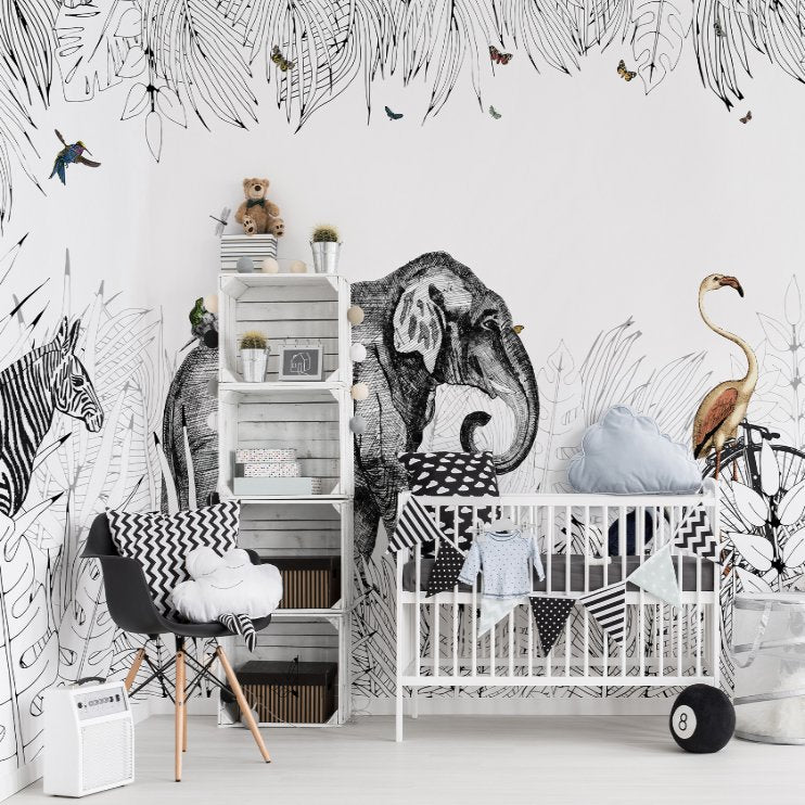 Papier Peint Animaux <br/> Safari Noir et Blanc Eléphant