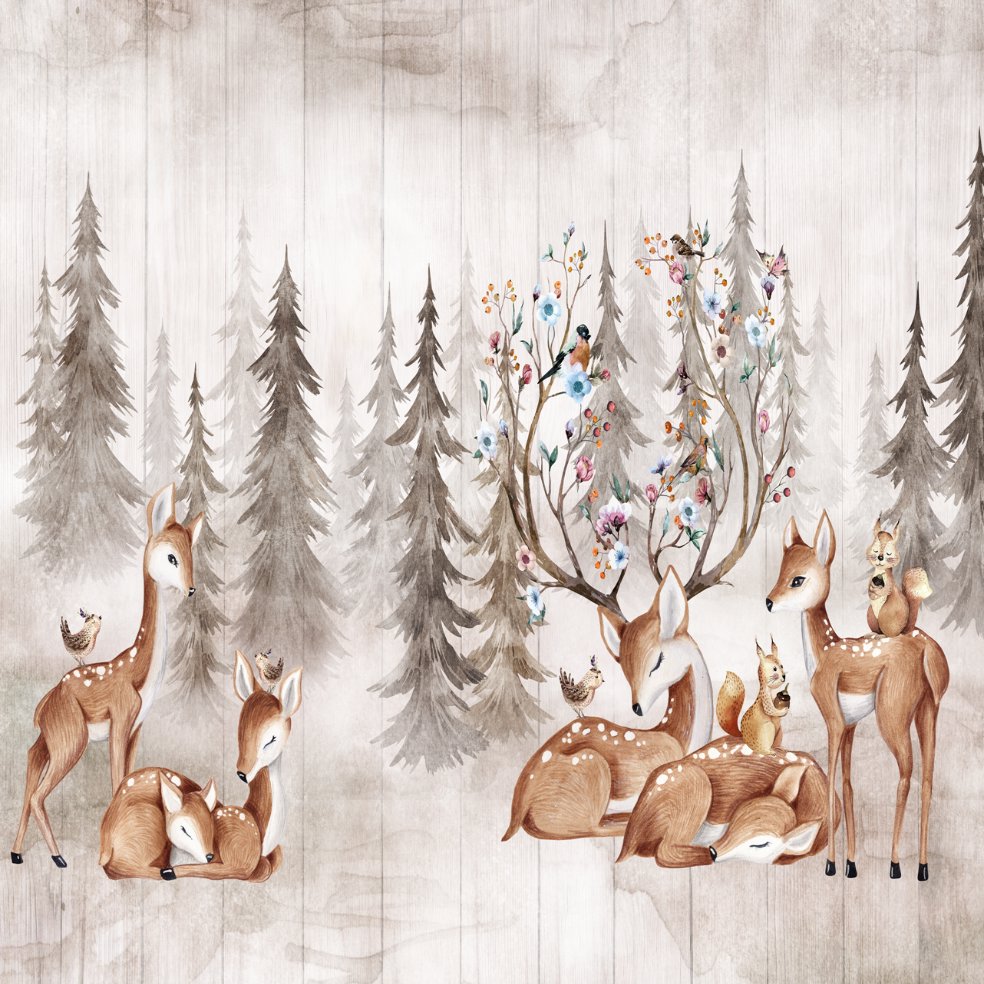 Papier Peint Animaux <br/> Cerf dans la Forêt Couronne Oiseaux