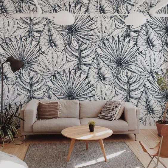 Papier Peint Noir et Blanc <br/> Grande Feuille Boho