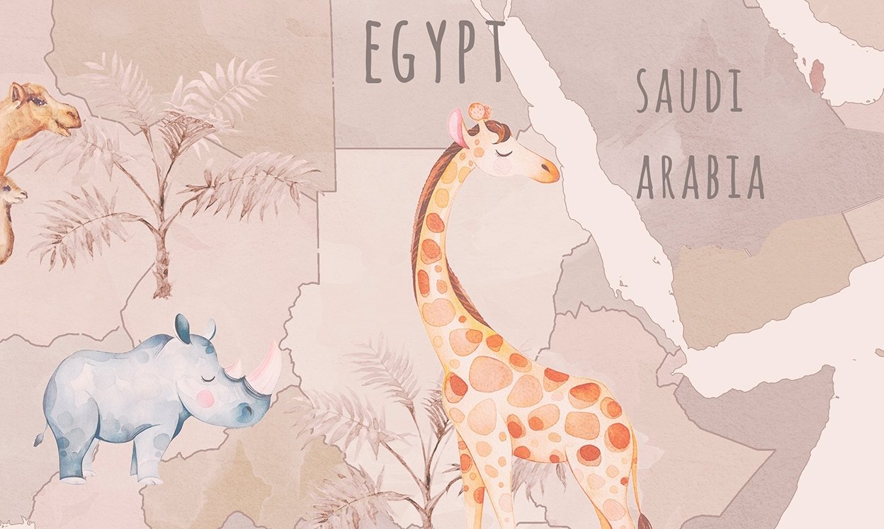 Papier Peint Carte du Monde <br/> Rose Animaux Joyeux