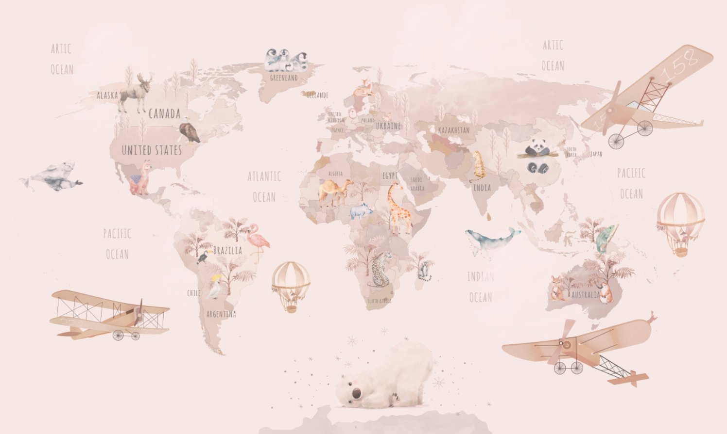 Papier Peint Carte du Monde <br/> Rose Animaux Joyeux