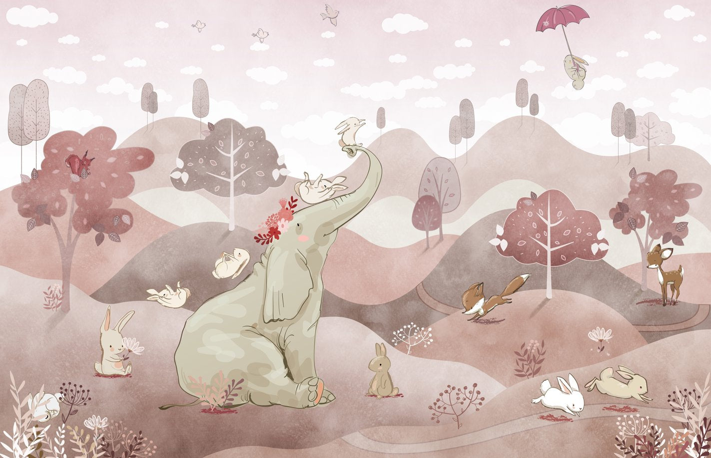 Papier Peint Animaux <br/> Paysage Rose et Eléphant