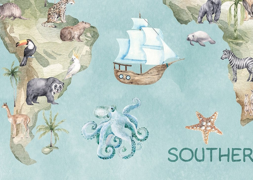 Papier Peint Carte du Monde <br/> Aventure Animaux et Avion