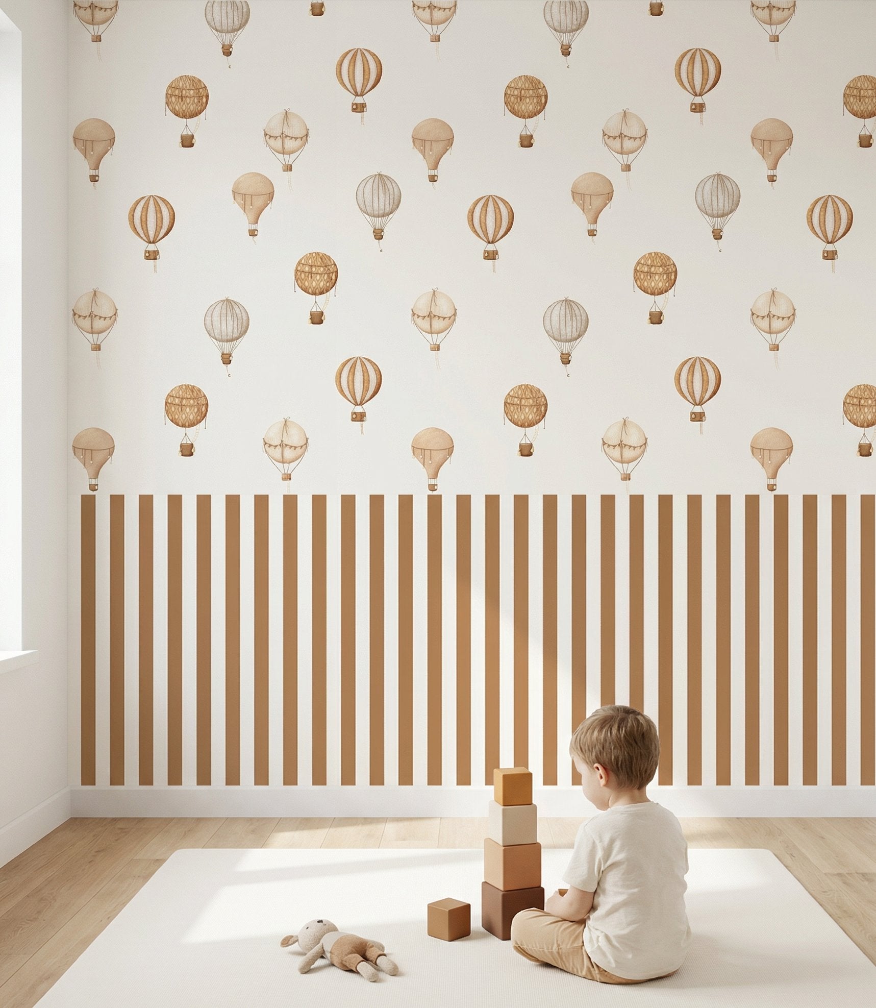 Papier Peint Rayure <br/> Caramel et Montgolfières