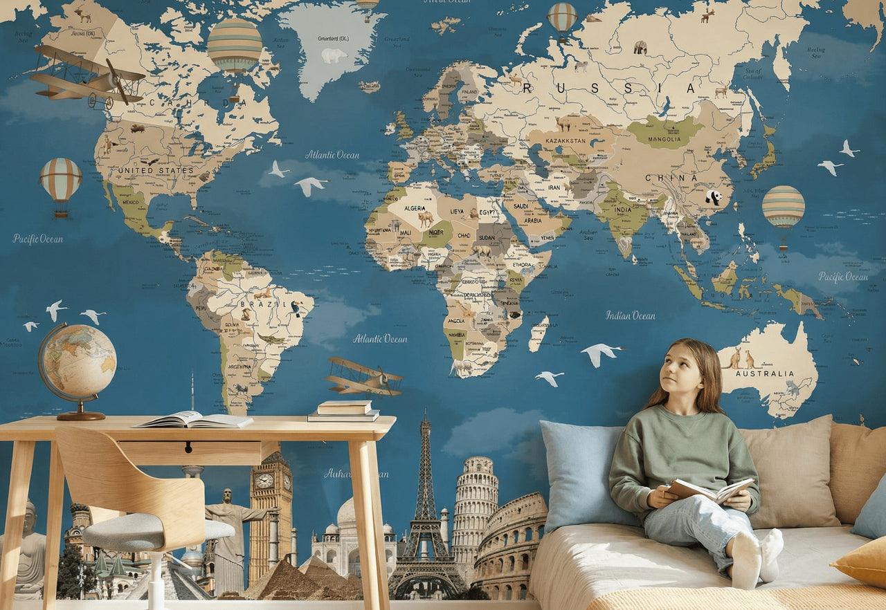 Papier Peint Voyage <br/> Bleu Voyage autour du Monde