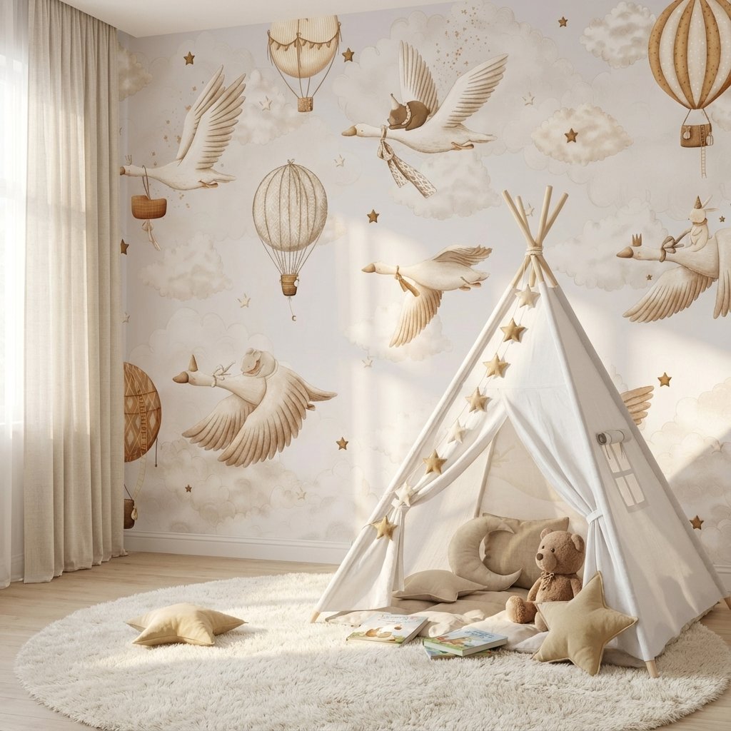 Papier Peint Oiseaux <br/> Oies et Montgolfières