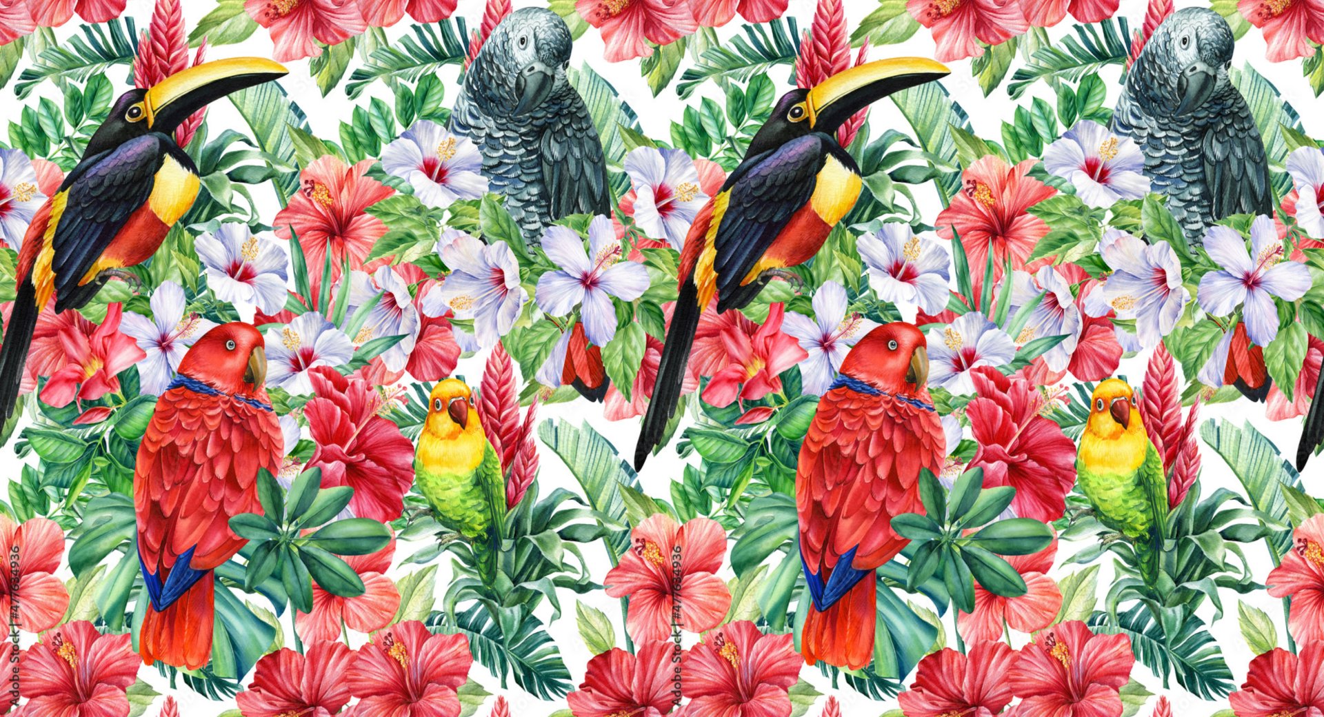 Papier Peint Oiseaux <br/> Touche Tropicale et Oiseaux