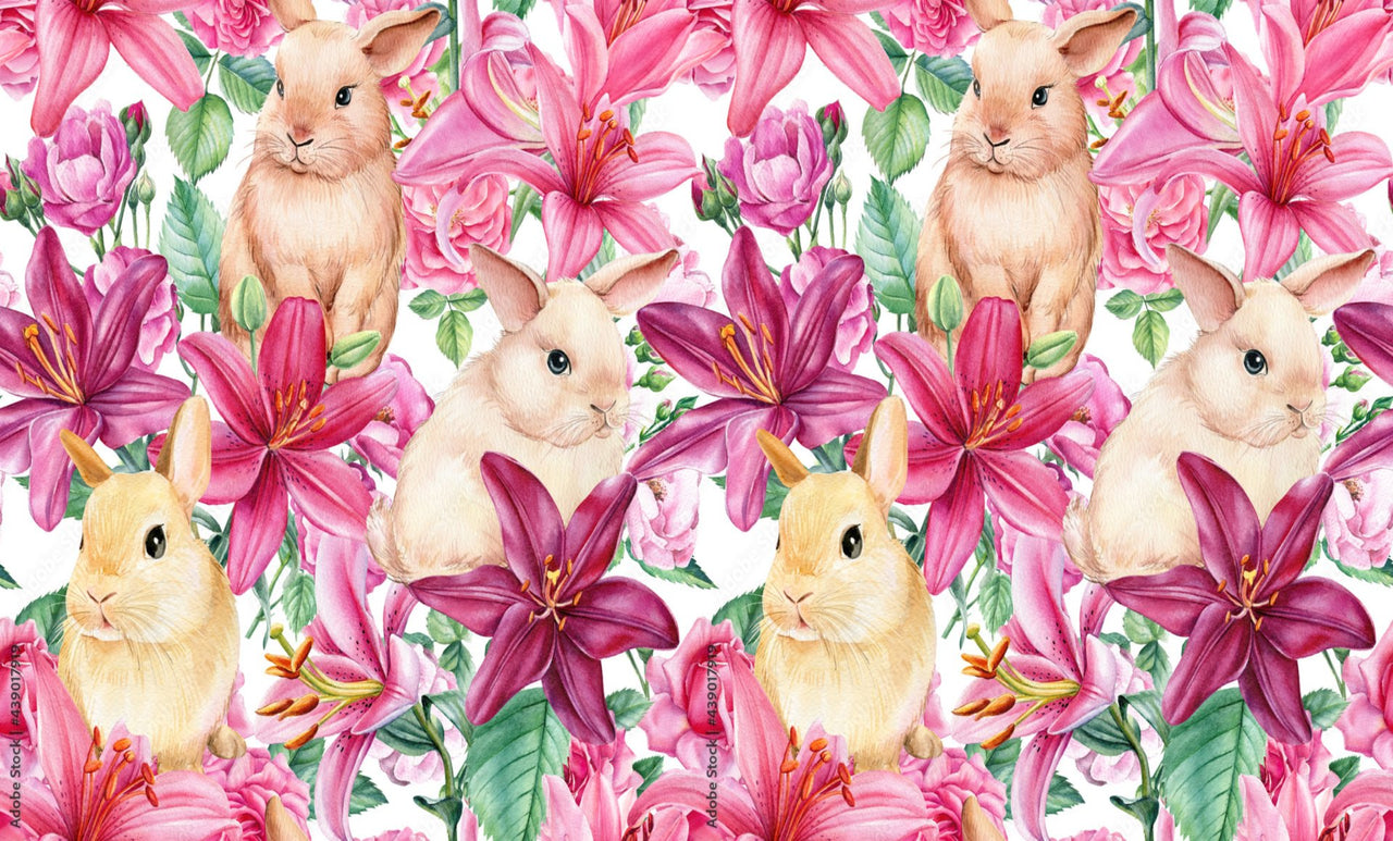 Papier Peint Fleur <br/> Lapins Fleurs Exotiques