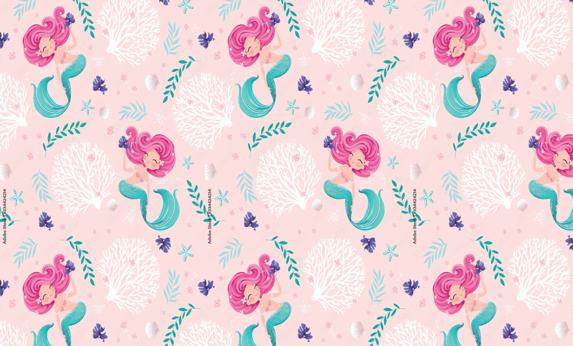 Papier Peint Princesse <br/> Motif Sirène Fond Rose