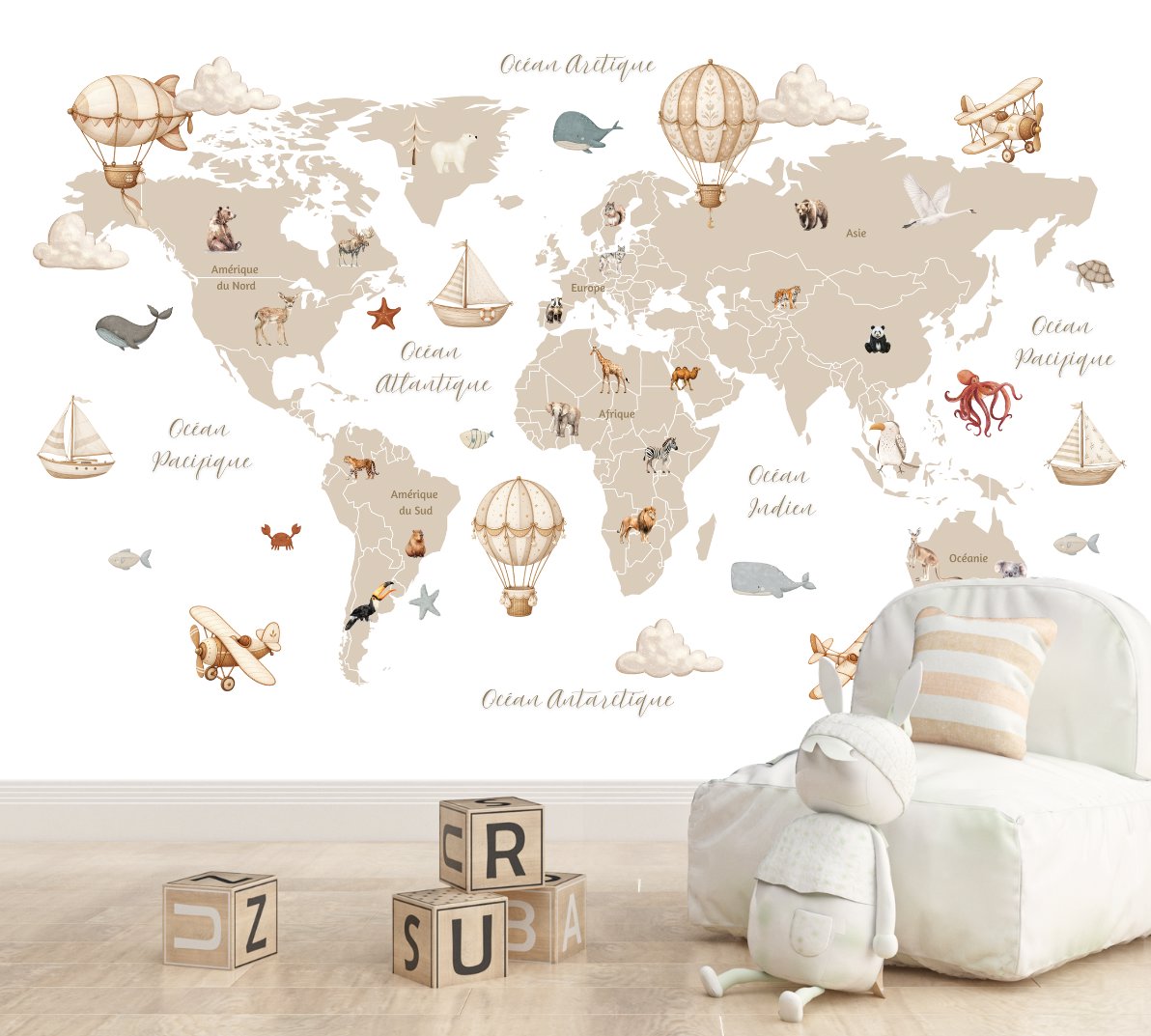 Carte du Monde Murale Enfant en Français | Le Petit Intissé