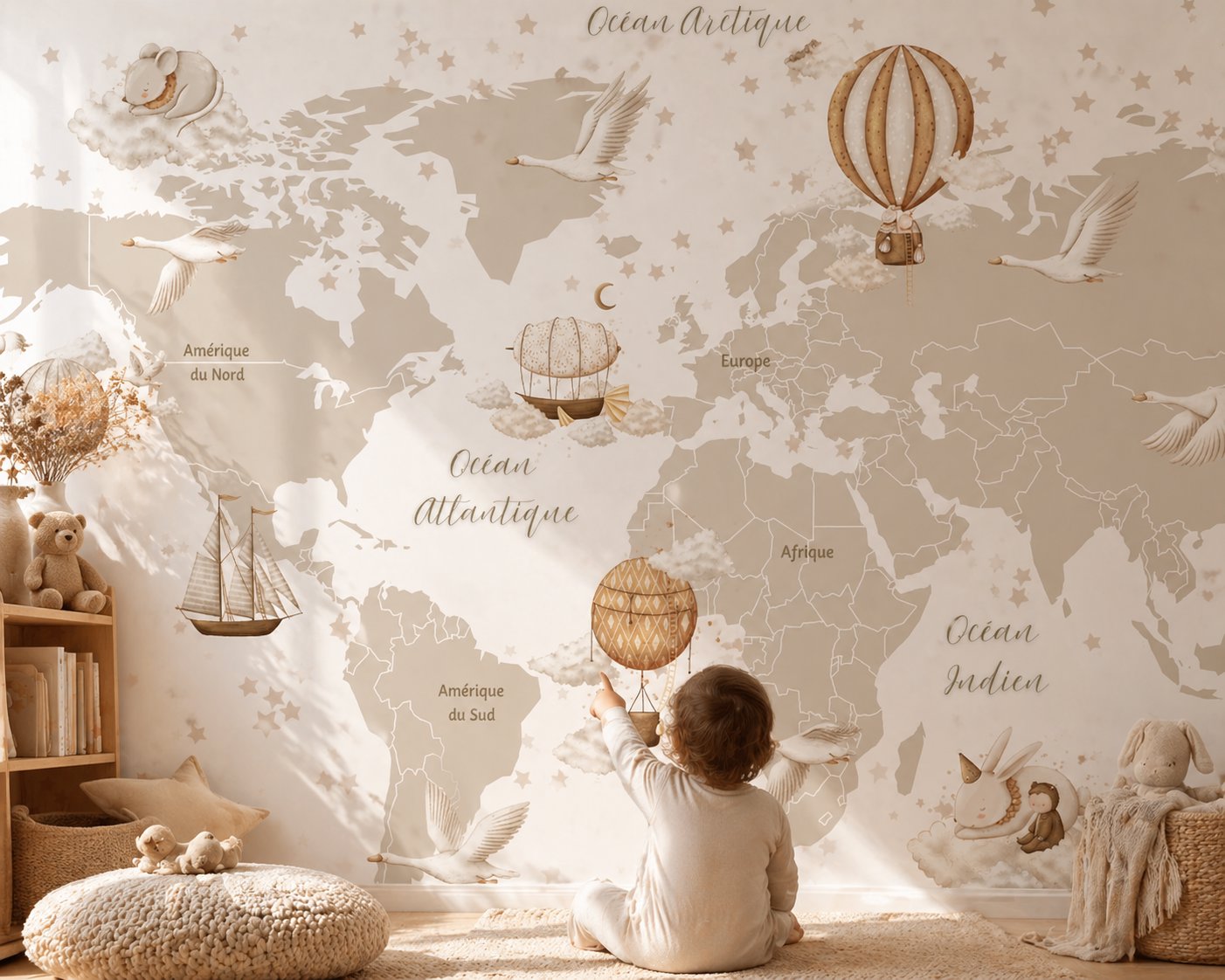 Papier Peint Carte du Monde <br/> Tapisserie Douce en Français