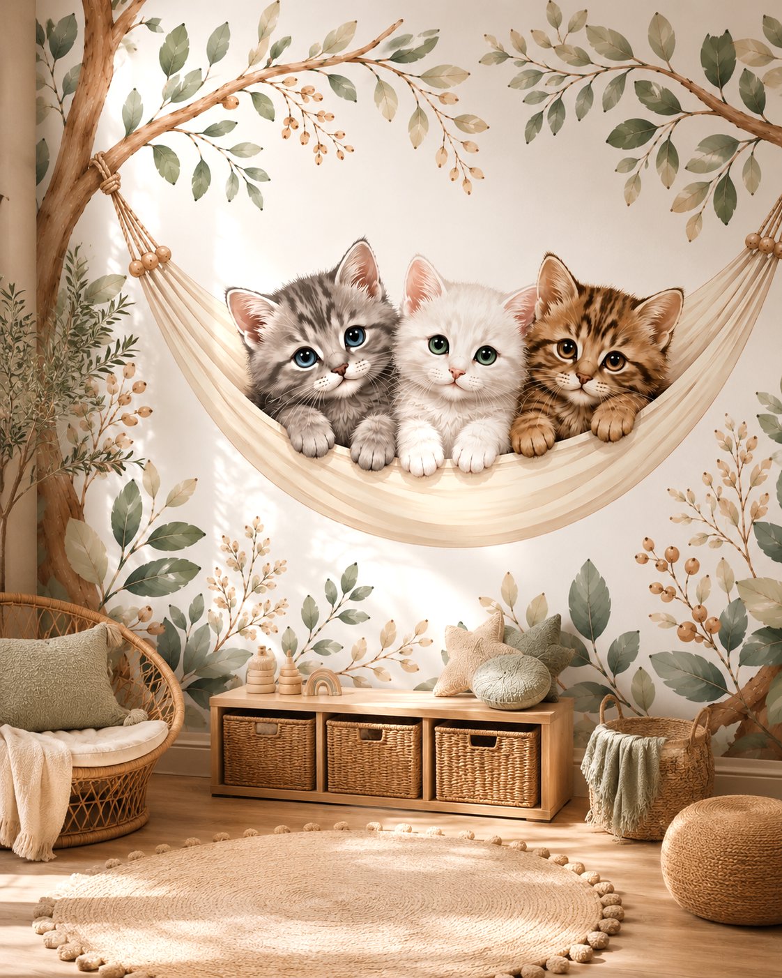 Papier Peint Animaux  <br/> Chaton Trio Feuillage