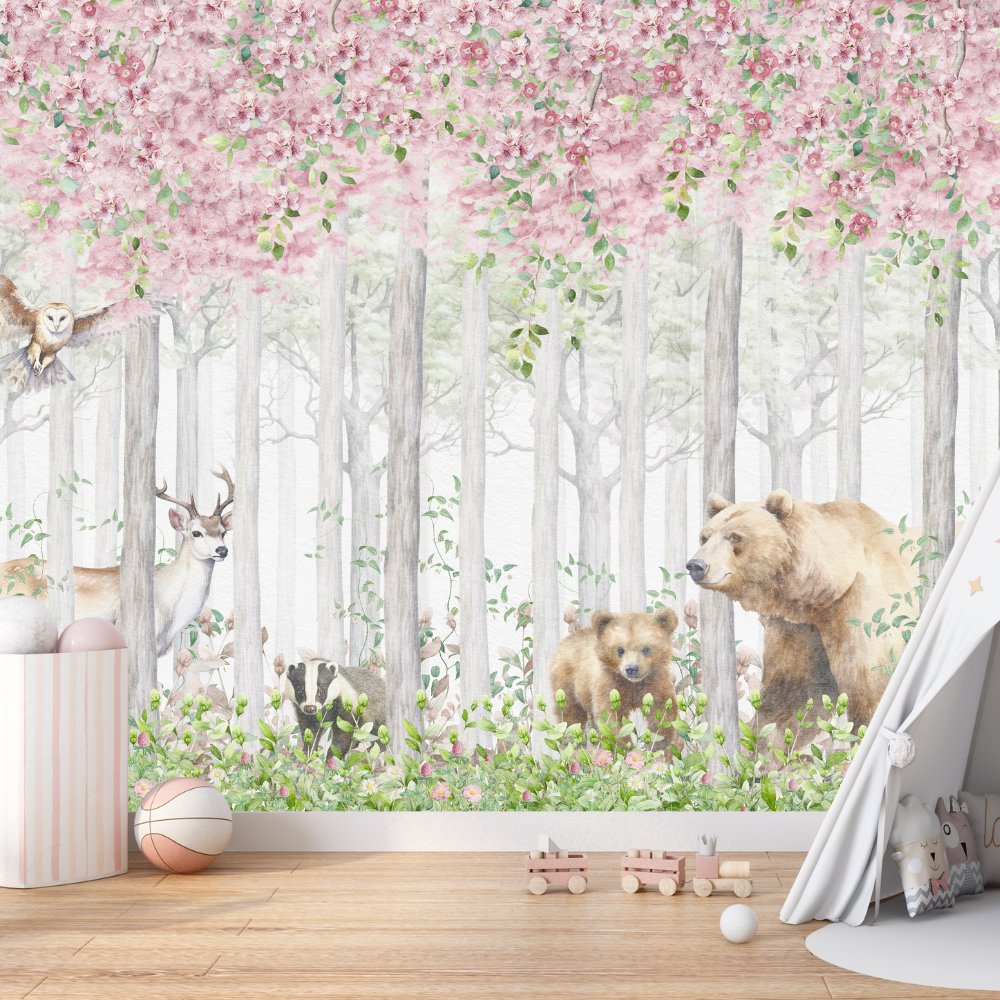 Papier Peint Classique Bébé <br/> Fleur Rose et Faune Sauvage