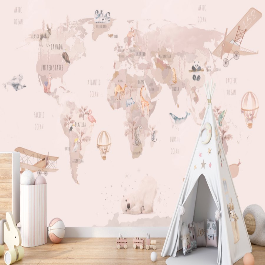 Papier Peint Carte du Monde <br/> Rose Animaux Joyeux