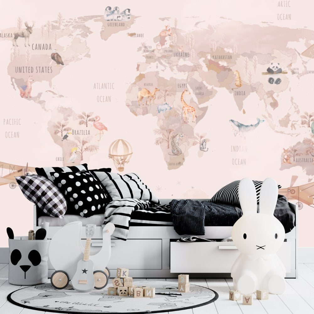 Papier Peint Carte du Monde <br/> Rose Animaux Joyeux