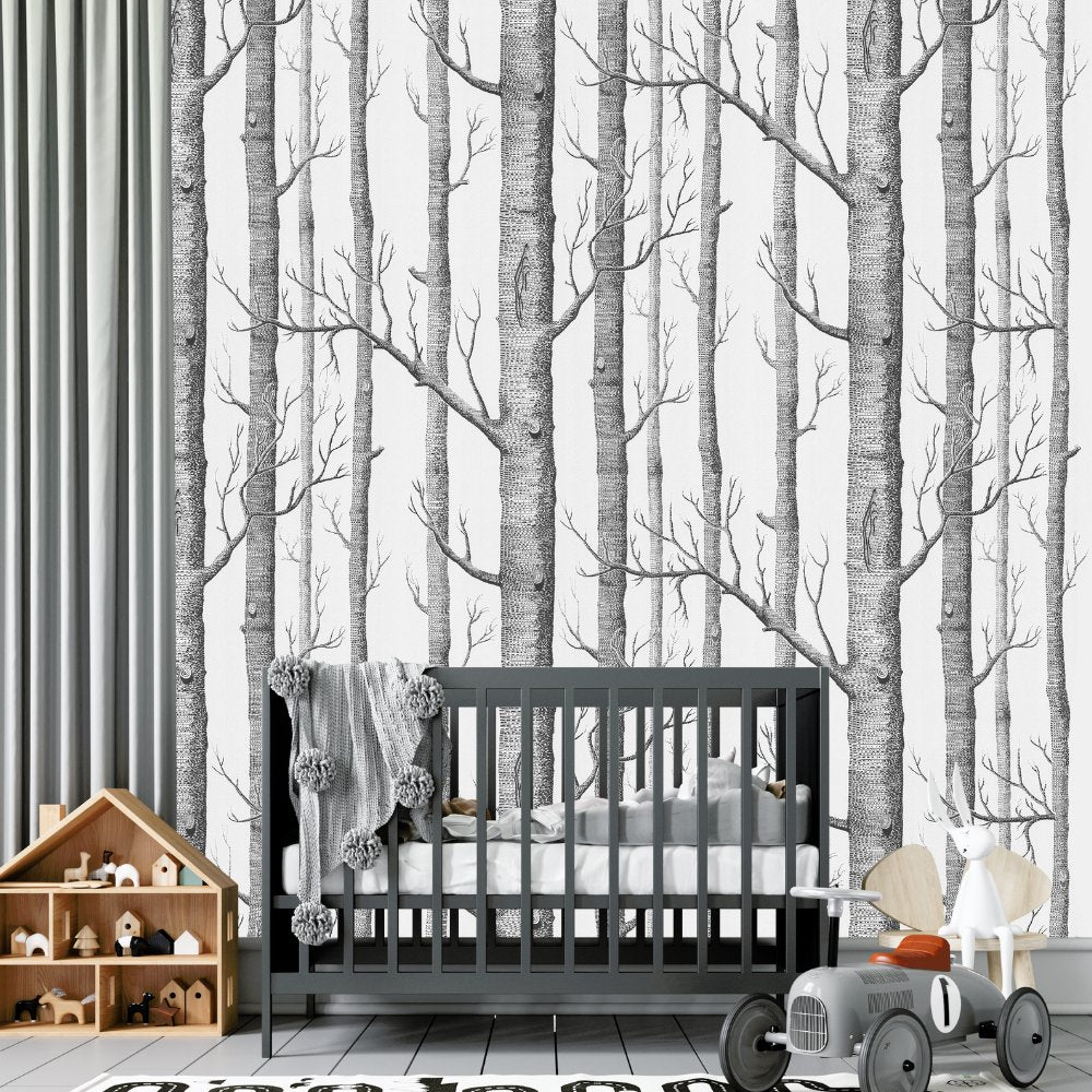 Papier Peint Bébé Classique <br/> Tronc Arbre Noir et Blanc