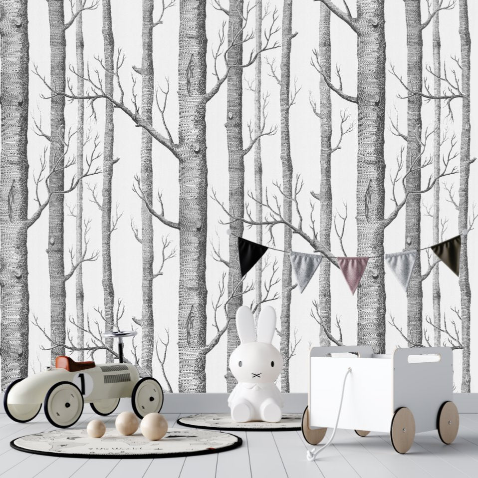 Papier Peint Bébé Classique <br/> Tronc Arbre Noir et Blanc