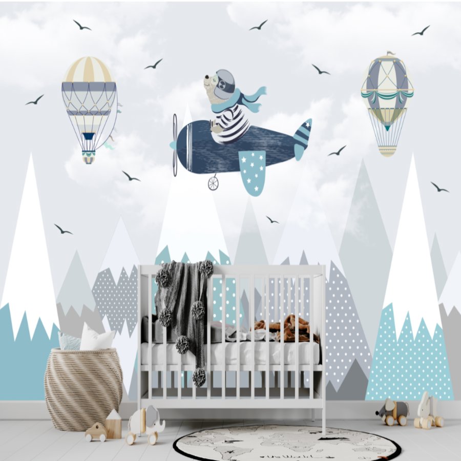 Papier Peint Avion <br/> Ours Aviateur et Montagnes Enneigées