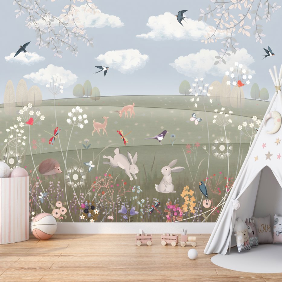 Papier Peint Animaux <br/> Lapin et Pré fleuri