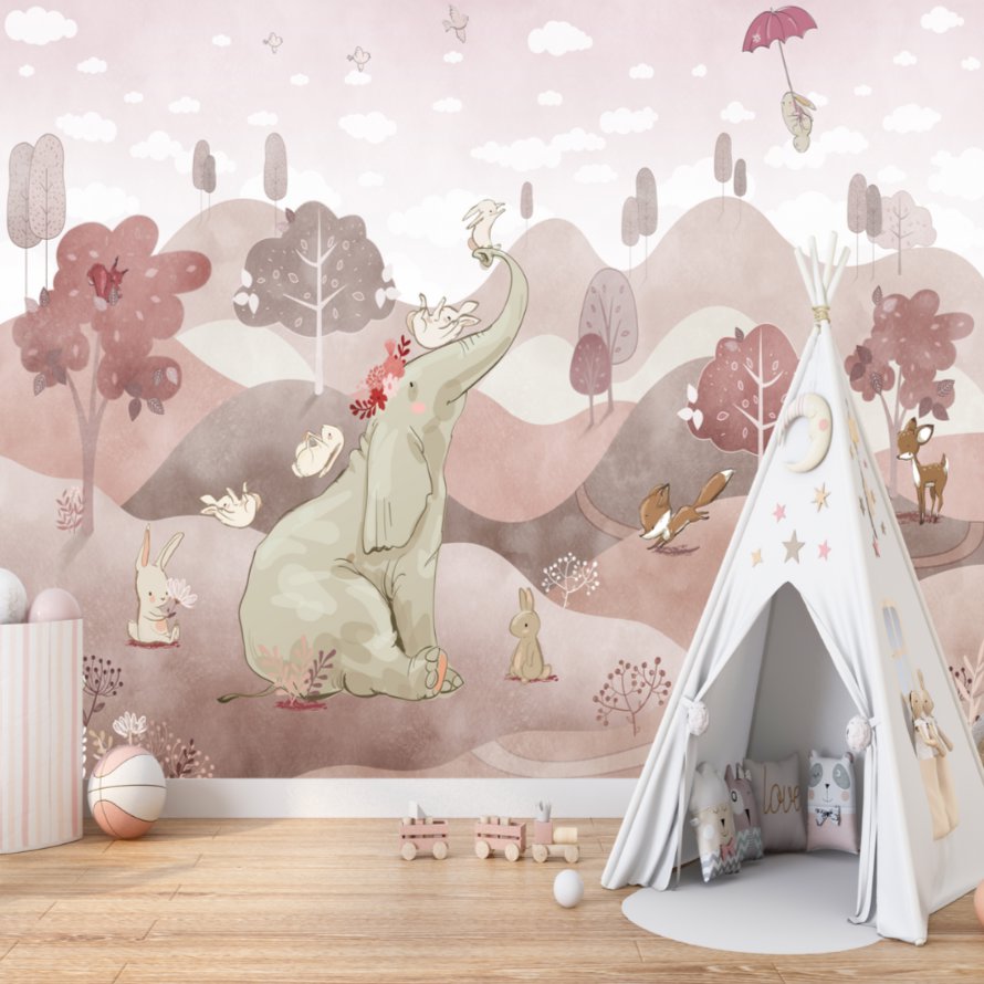 Papier Peint Animaux <br/> Paysage Rose et Eléphant