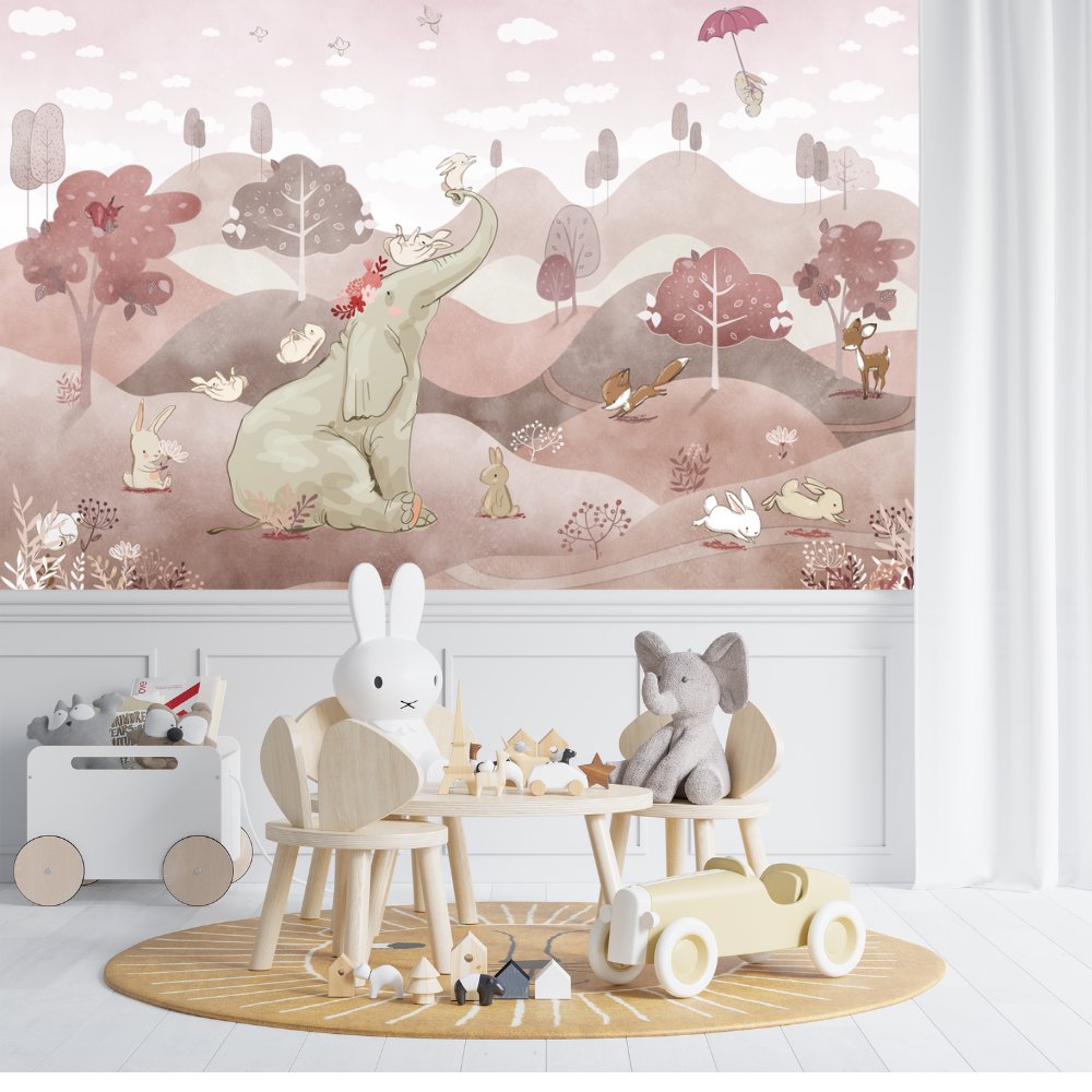 Papier Peint Animaux <br/> Paysage Rose et Eléphant