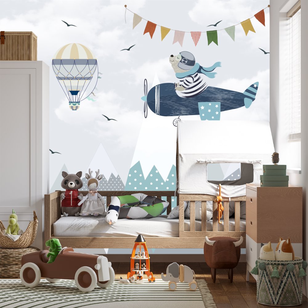 Papier Peint Avion <br/> Ours Aviateur et Montagnes Enneigées