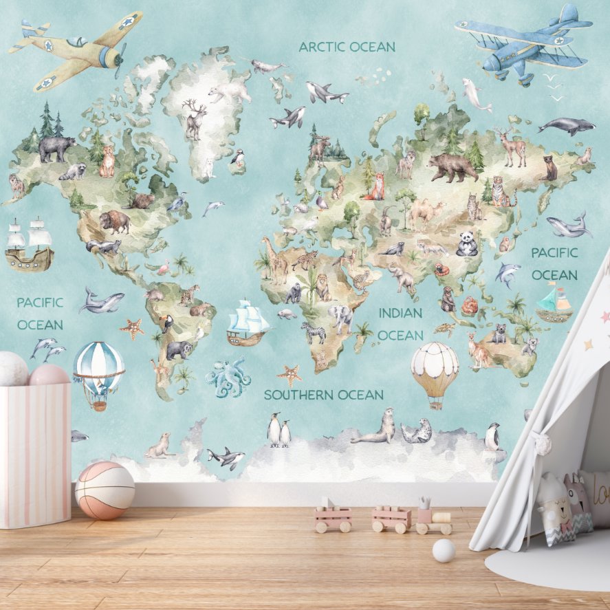 Papier Peint Carte du Monde <br/> Aventure Animaux et Avion