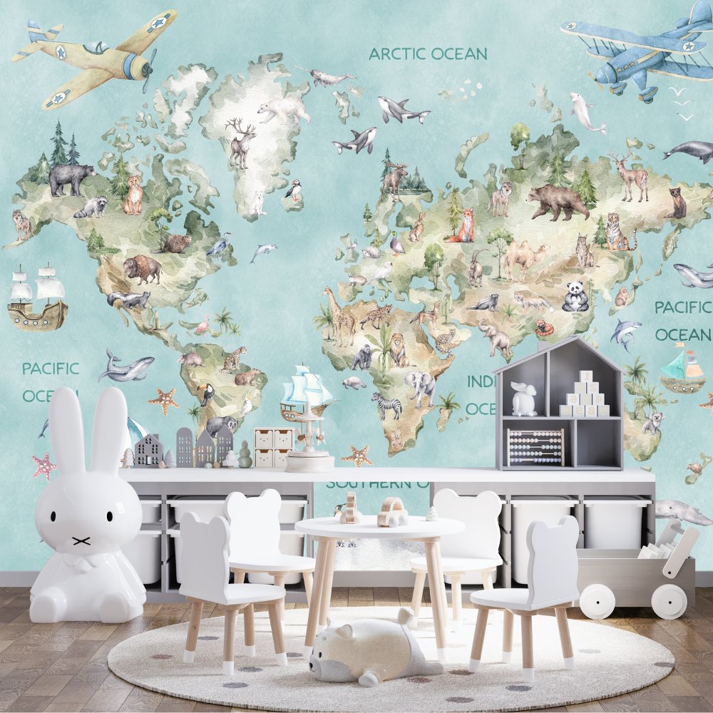 Papier Peint Carte du Monde <br/> Aventure Animaux et Avion