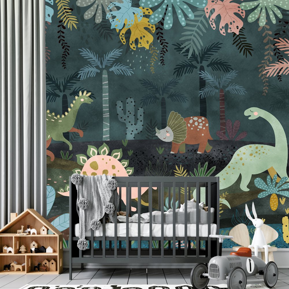 Papier Peint Dinosaure <br/> Jungle Préhistorique Colorée