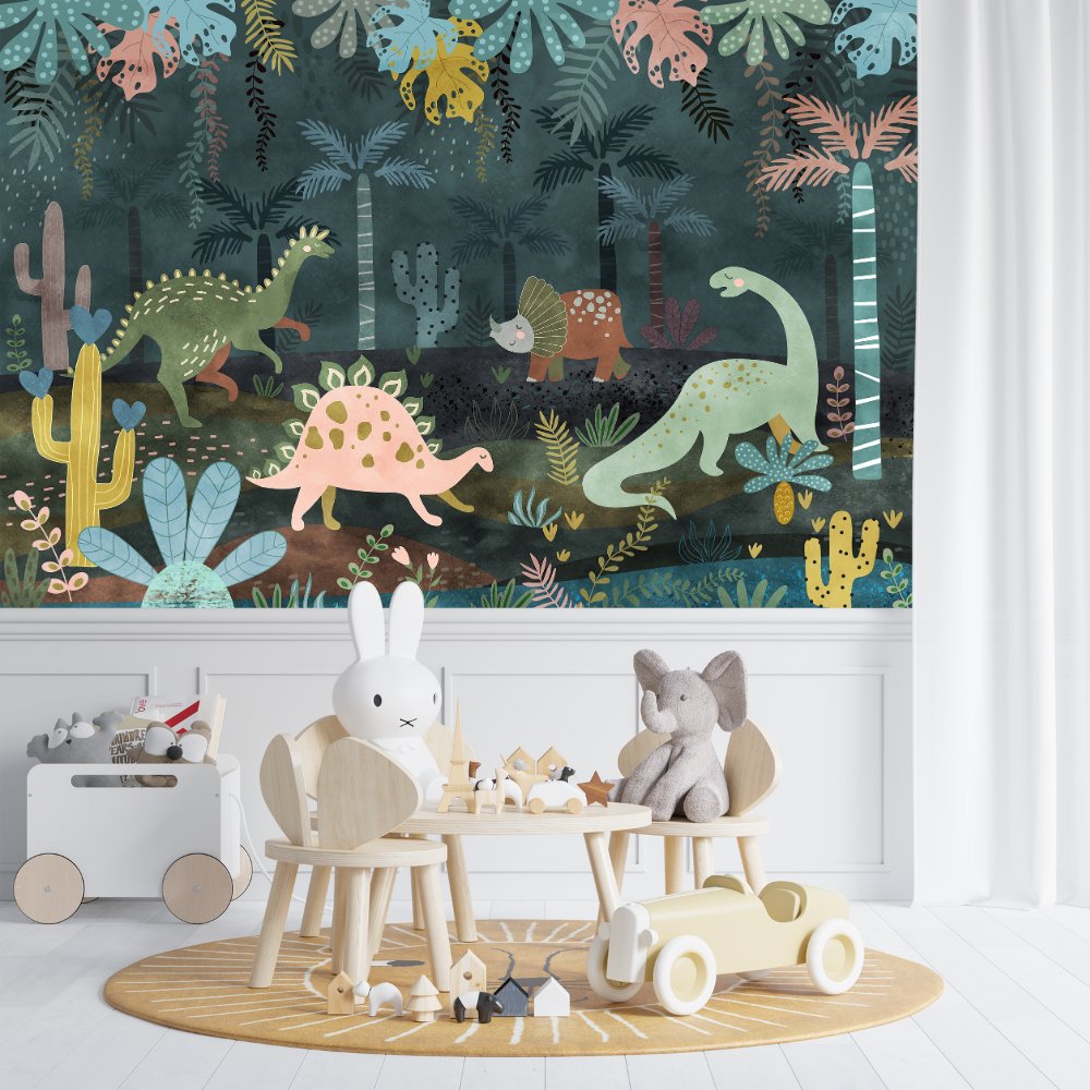 Papier Peint Dinosaure <br/> Jungle Préhistorique Colorée