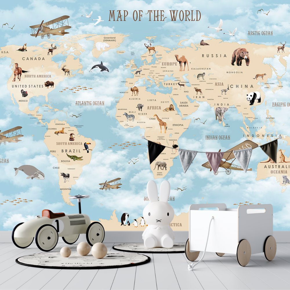 Papier Peint Carte du Monde <br/> Map of the World Bleu
