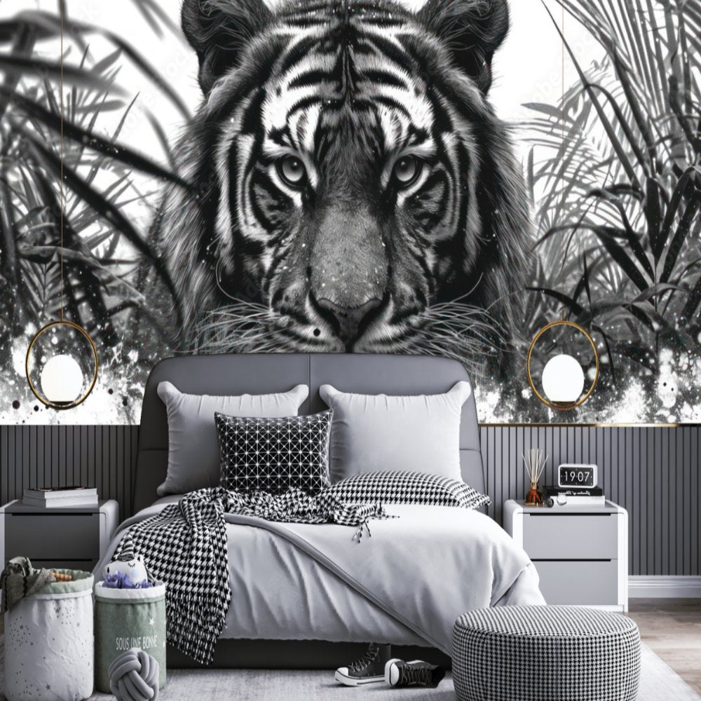 Papier Peint Noir et Blanc <br/> Tigre Jungle