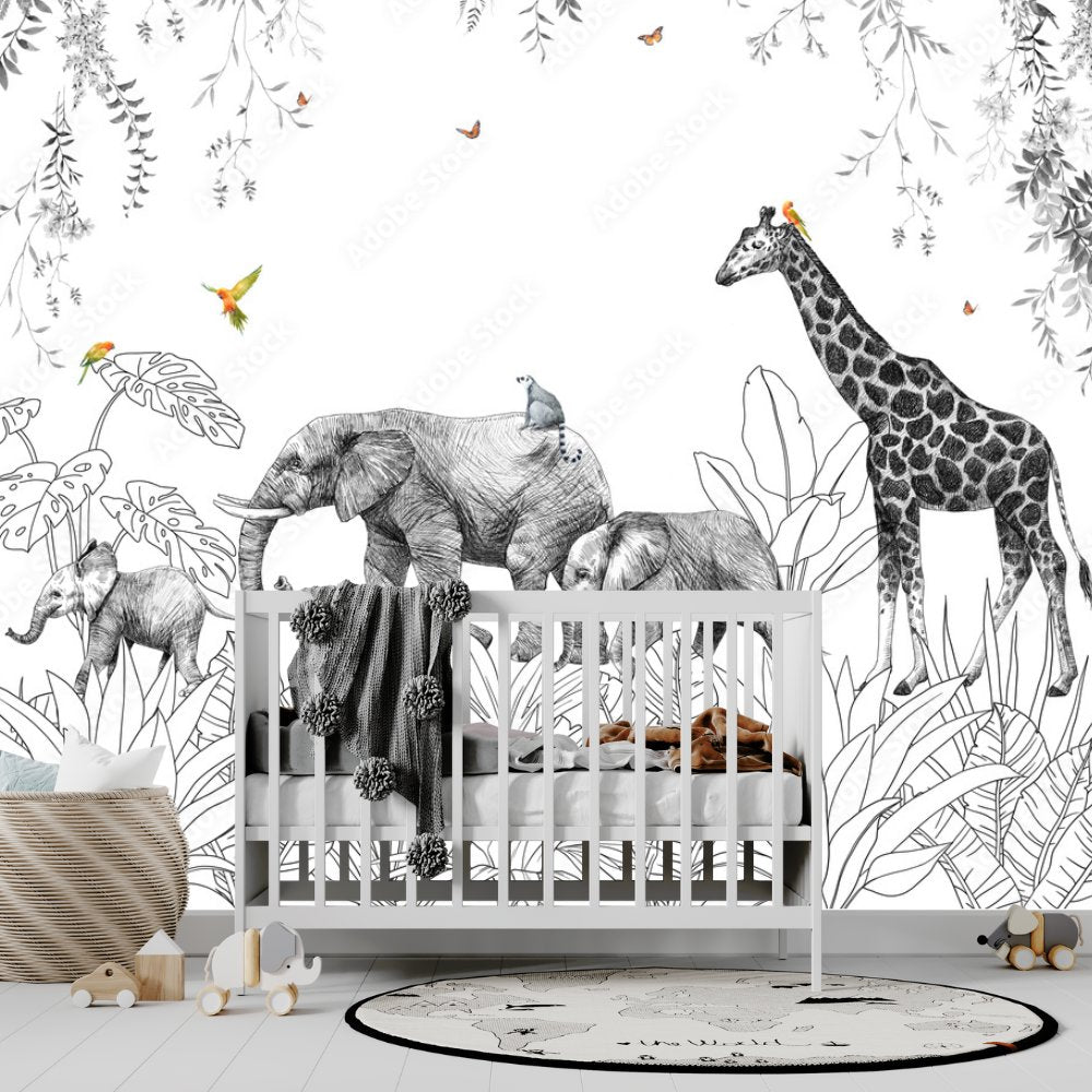 Papier Peint Animaux <br/> Noir et Blanc Safari Sauvage