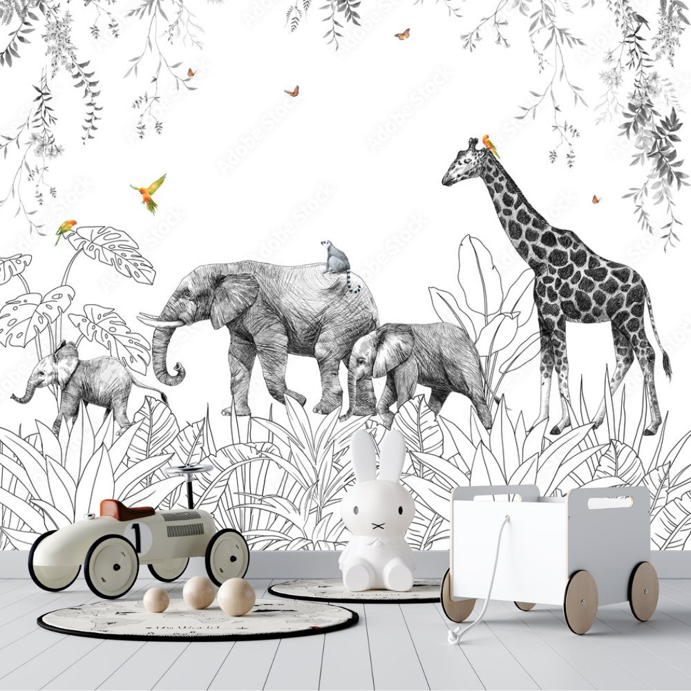 Papier Peint Animaux <br/> Noir et Blanc Safari Sauvage
