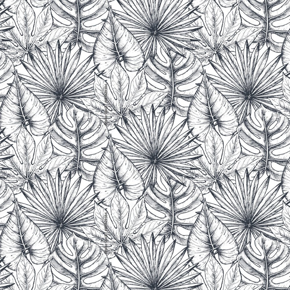 Papier Peint Noir et Blanc <br/> Grande Feuille Boho