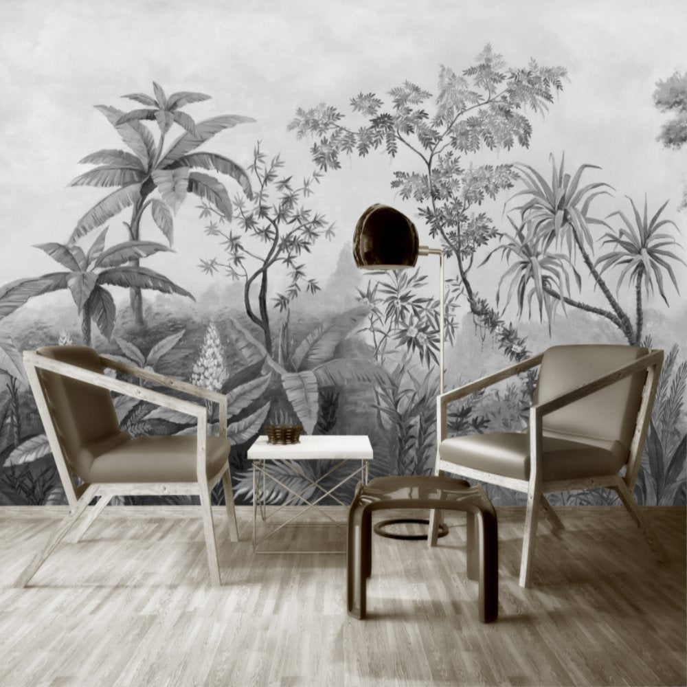Papier Peint Tropical <br/> Jardin Exotique Noir et Blanc