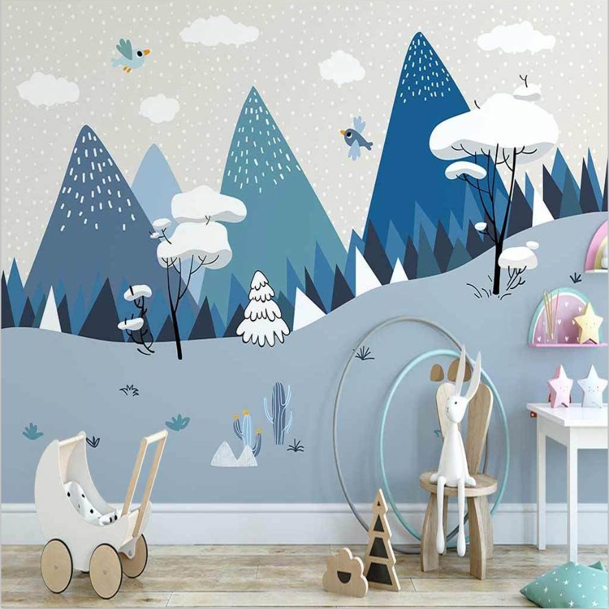 Papier Peint Garçon Classique <br/> Montagne et Forêt Bleue