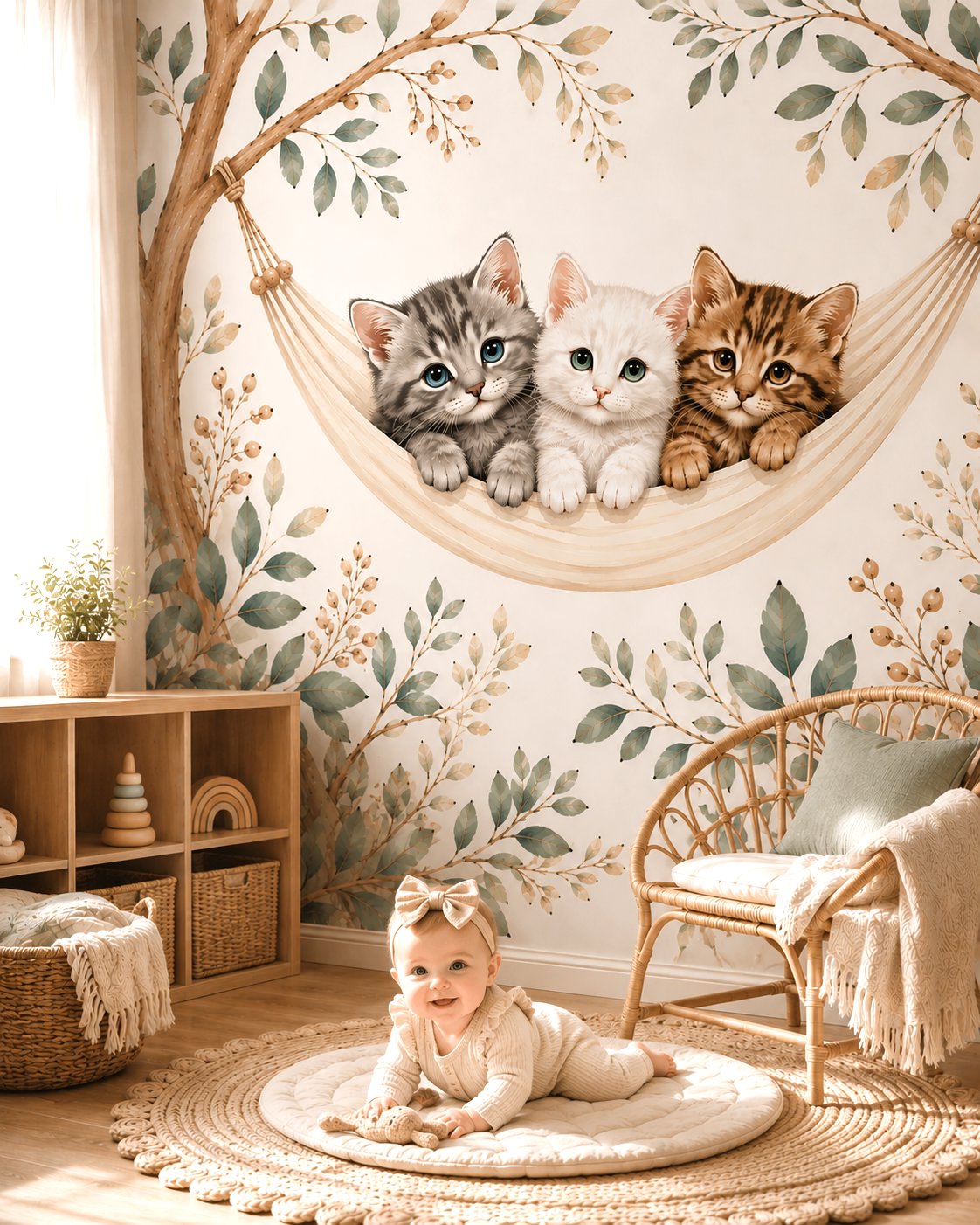 Papier Peint Animaux  <br/> Chaton Trio Feuillage