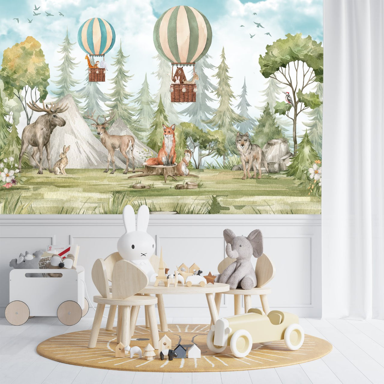 Papier Peint Animaux  <br/> Panoramique Forêt et Montgolfière
