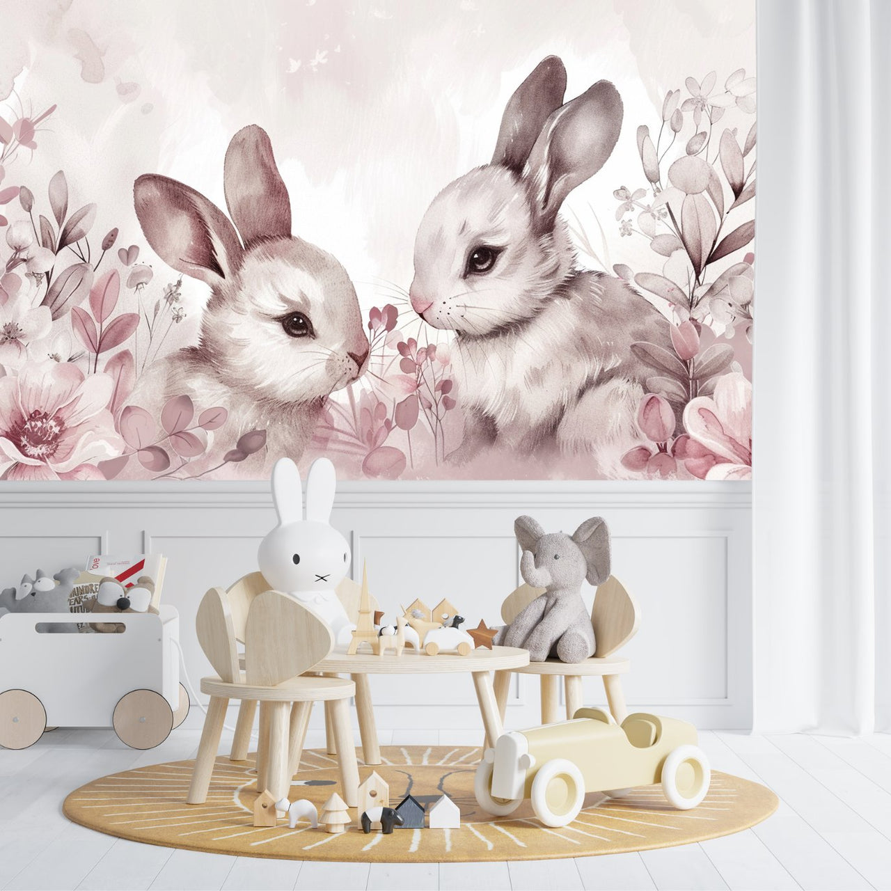 Papier Peint Animaux  <br/> Fleur Rose et Lapin