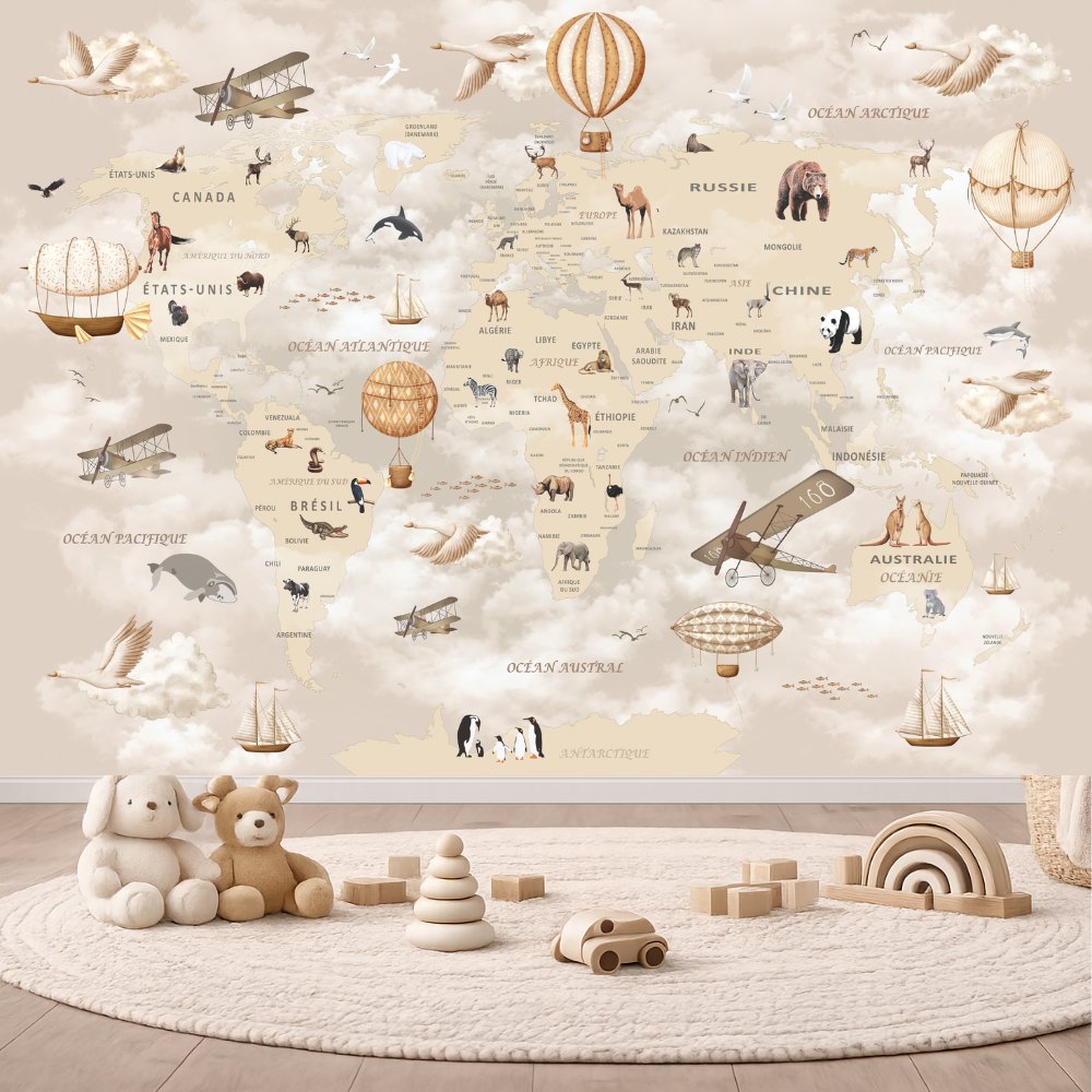 Papier Peint Carte du Monde <br/> Mural Beige Français